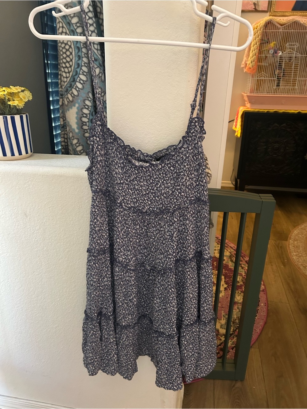 Womens Navy Floral Tiered Spaghetti Strap Dress